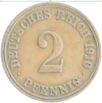 Монета 2 пфеннига Германии 1910 года Медь A