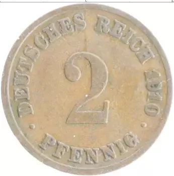 Монета 2 пфеннига Германии 1910 года Медь D