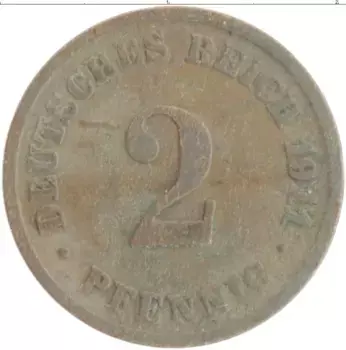 Монета 2 пфеннига Германии 1911 года Медь D