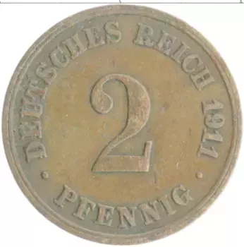 Монета 2 пфеннига Германии 1911 года Медь D