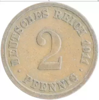 Монета 2 пфеннига Германии 1911 года Медь F
