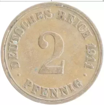 Монета 2 пфеннига Германии 1911 года Медь A