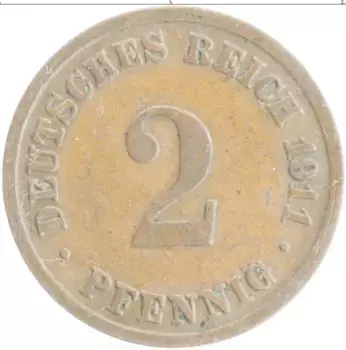 Монета 2 пфеннига Германии 1911 года Медь D