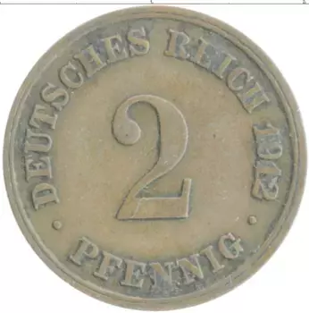 Монета 2 пфеннига Германии 1912 года Медь D