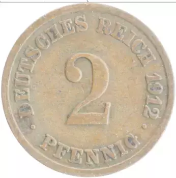 Монета 2 пфеннига Германии 1912 года Медь E