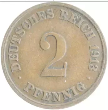 Монета 2 пфеннига Германии 1913 года Медь J
