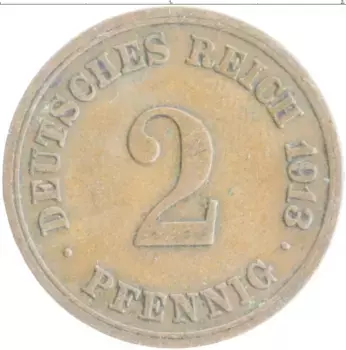 Монета 2 пфеннига Германии 1913 года Медь F