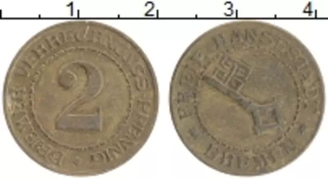 Монета 2 пфеннига Германия : Нотгельды 1920 года Латунь Бремен