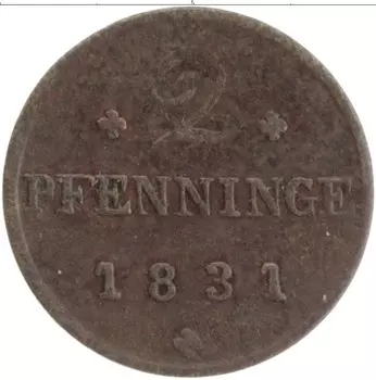 Монета 2 пфеннига Мекленбург-Шверина 1831 года Медь Вензель