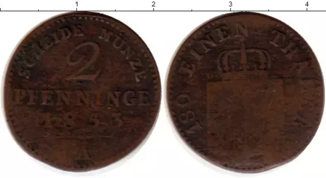 Монета 2 пфеннига Пруссии 1853 года Медь А