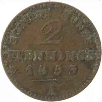 Монета 2 пфеннига Пруссии 1853 года Медь А