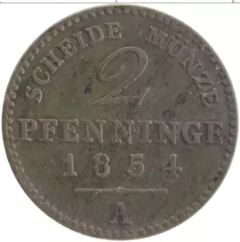 Монета 2 пфеннига Пруссии 1854 года Медь А