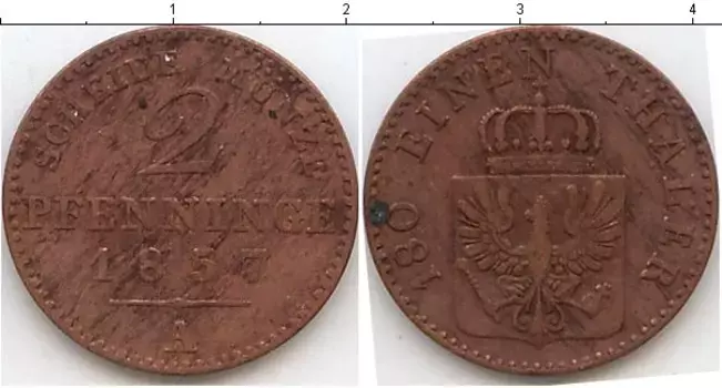 Монета 2 пфеннига Пруссии 1857 года Медь А