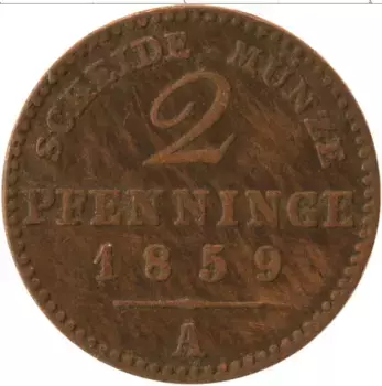 Монета 2 пфеннига Пруссии 1859 года Медь А
