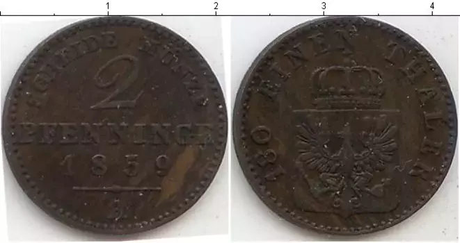 Монета 2 пфеннига Пруссии 1859 года Медь А