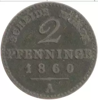 Монета 2 пфеннига Пруссии 1860 года Медь А
