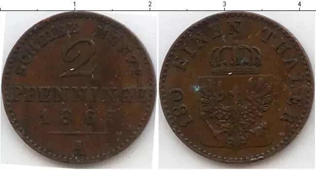 Монета 2 пфеннига Пруссии 1863 года Медь А