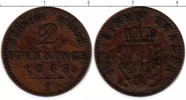Монета 2 пфеннига Пруссии 1865 года Медь А