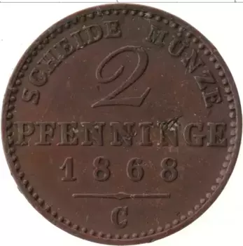Монета 2 пфеннига Пруссии 1868 года Медь С- Клеве