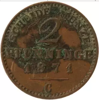 Монета 2 пфеннига Пруссии 1871 года Медь С