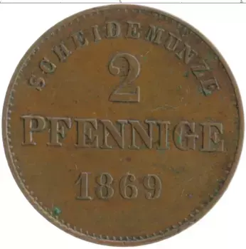 Монета 2 пфеннига Саксе-Мейнингена 1869 года Медь