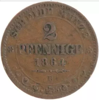 Монета 2 пфеннига Саксонии 1864 года Медь В