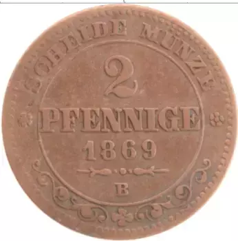 Монета 2 пфеннига Саксонии 1869 года Медь В