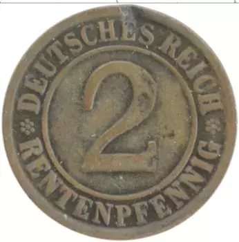 Монета 2 пфеннига Веймарской республики 1923 года Бронза D