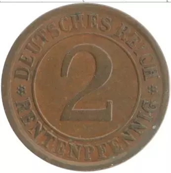 Монета 2 пфеннига Веймарской республики 1924 года Бронза A