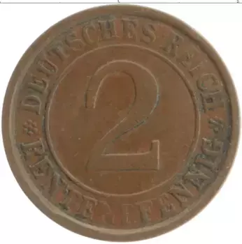 Монета 2 пфеннига Веймарской республики 1924 года Бронза A