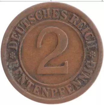 Монета 2 пфеннига Веймарской республики 1924 года Бронза A