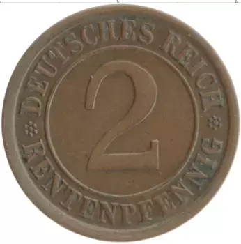Монета 2 пфеннига Веймарской республики 1924 года Бронза A