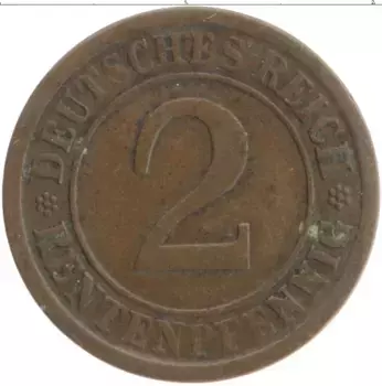 Монета 2 пфеннига Веймарской республики 1924 года Бронза A