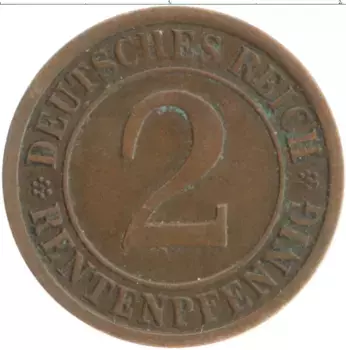 Монета 2 пфеннига Веймарской республики 1924 года Бронза A