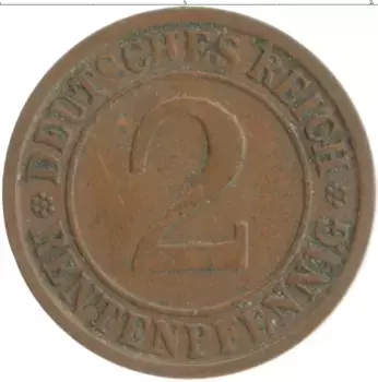 Монета 2 пфеннига Веймарской республики 1924 года Бронза J