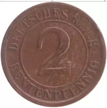 Монета 2 пфеннига Веймарской республики 1924 года Бронза A