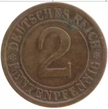 Монета 2 пфеннига Веймарской республики 1924 года Бронза A