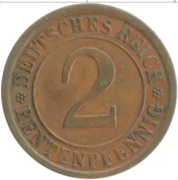 Монета 2 пфеннига Веймарской республики 1924 года Бронза A