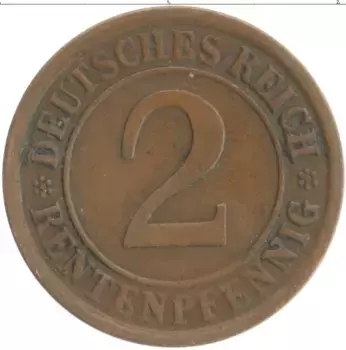 Монета 2 пфеннига Веймарской республики 1924 года Бронза A