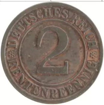 Монета 2 пфеннига Веймарской республики 1924 года Бронза D
