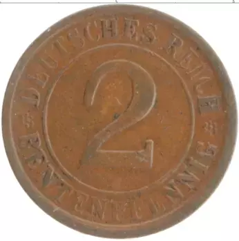 Монета 2 пфеннига Веймарской республики 1924 года Бронза A