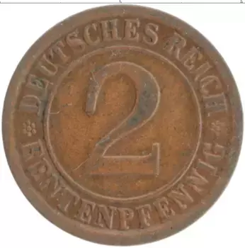 Монета 2 пфеннига Веймарской республики 1924 года Бронза A