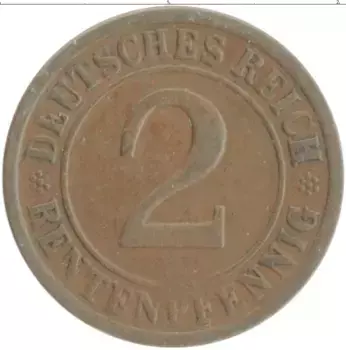 Монета 2 пфеннига Веймарской республики 1924 года Бронза E
