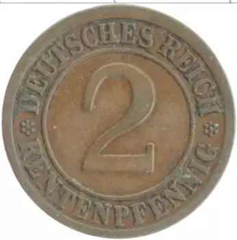 Монета 2 пфеннига Веймарской республики 1924 года Бронза F