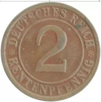 Монета 2 пфеннига Веймарской республики 1924 года Бронза E