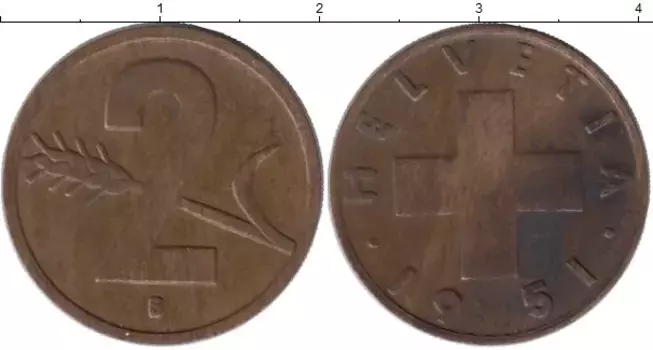 Монета 2 раппа Швейцарии 1951 года Бронза В