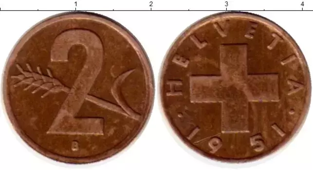 Монета 2 раппа Швейцарии 1951 года Бронза В