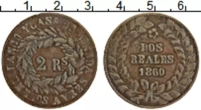 Монета 2 реала Аргентины 1860 года Медь Буэнос-Айрес