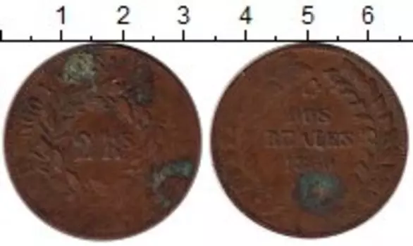 Монета 2 реала Аргентины 1860 года Медь Буэнос-Айрес