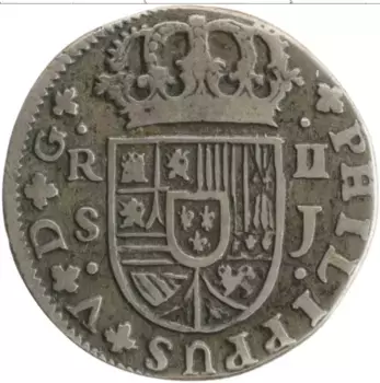 Монета 2 реала Испании 1725 года Серебро Филиппп
